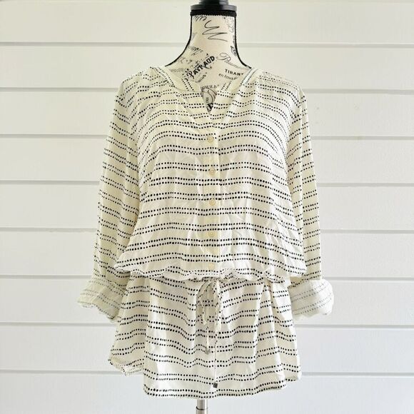 Talbots Women's Tie Waist Printed 1/2 Button Popover Tunic Blouse Shirt Large - Picture 1 of 9